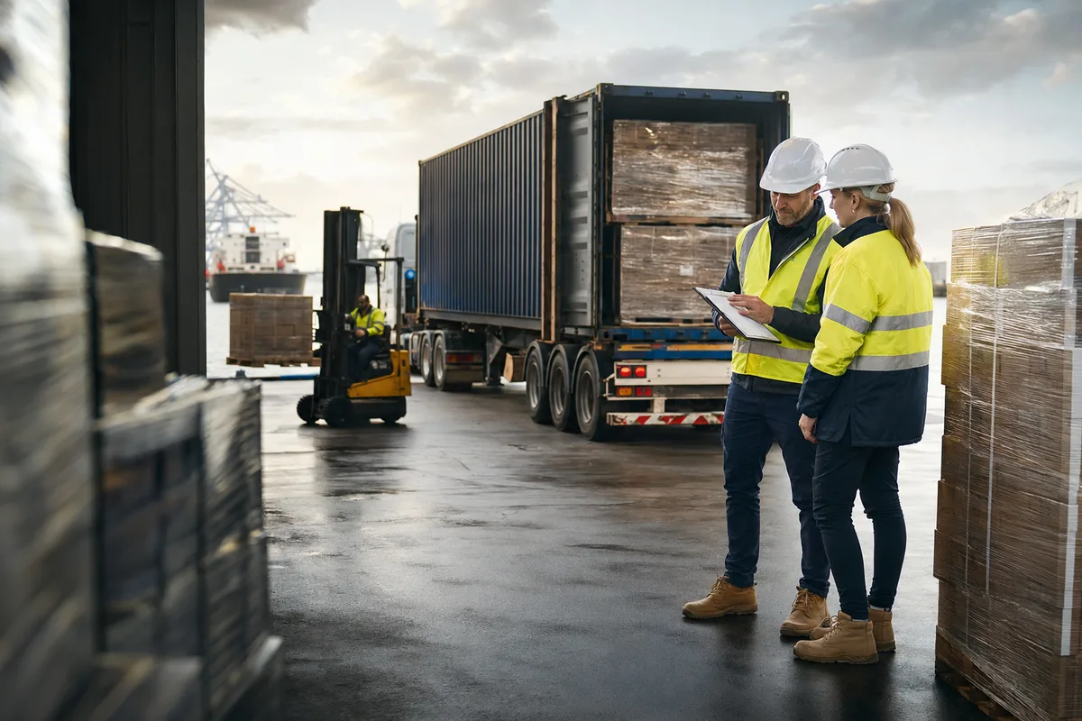 Freight containers and cargo being moved through an Australian port